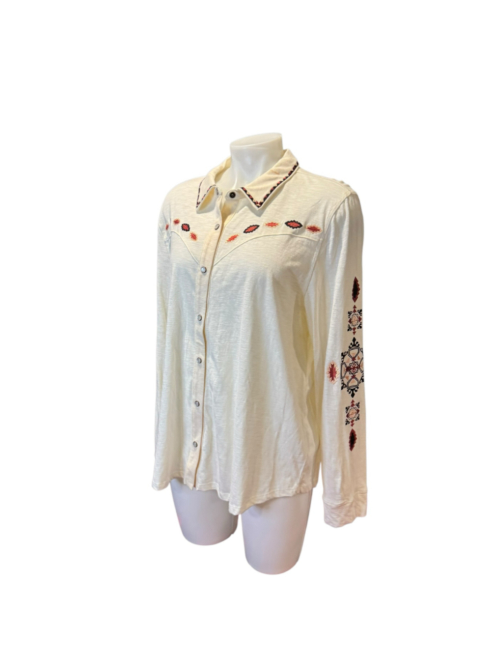 Women's Vintage Threads Button Down Shirt, Size L, Beige and Red